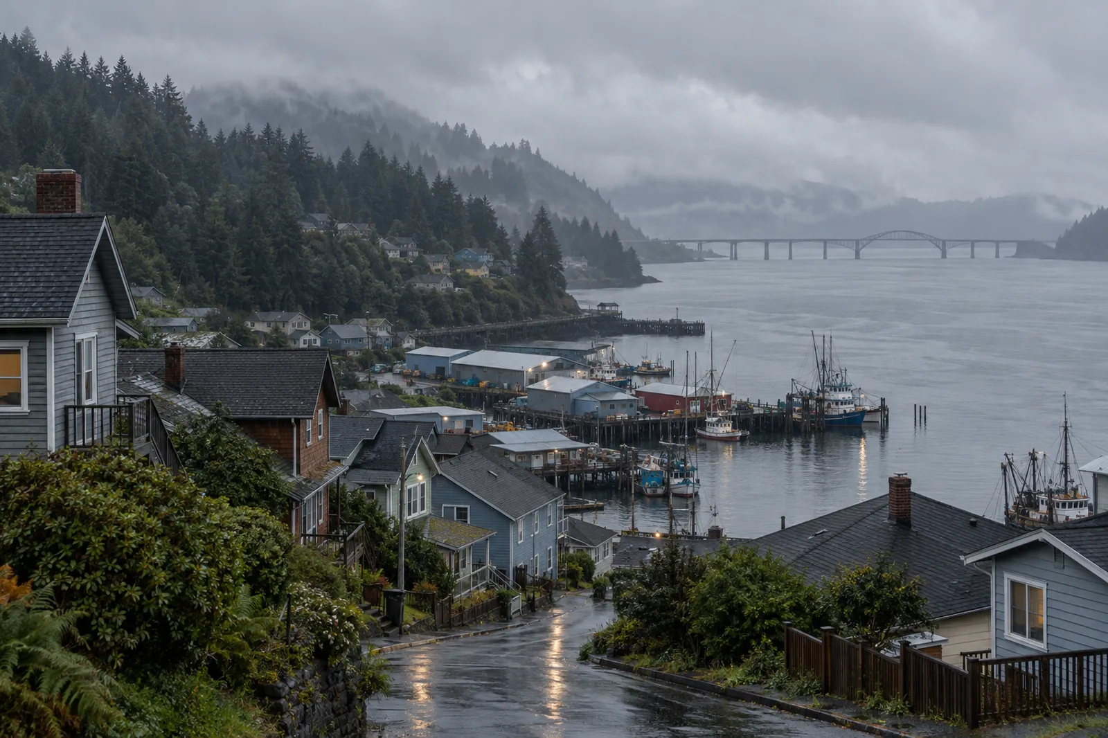 Wood-sided houses on a hillside above a gray bay in winter rain