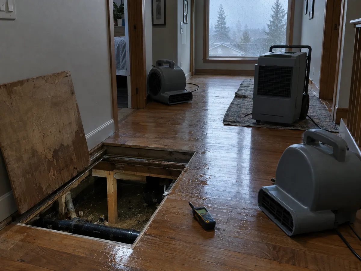 Drying equipment and a moisture meter in a hallway with flooring removed after a leak